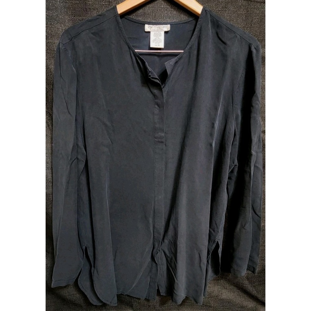 Vintage Lew Magram Black Blouse Tunic Shirt Button Up Silk Business Casual Sz 14